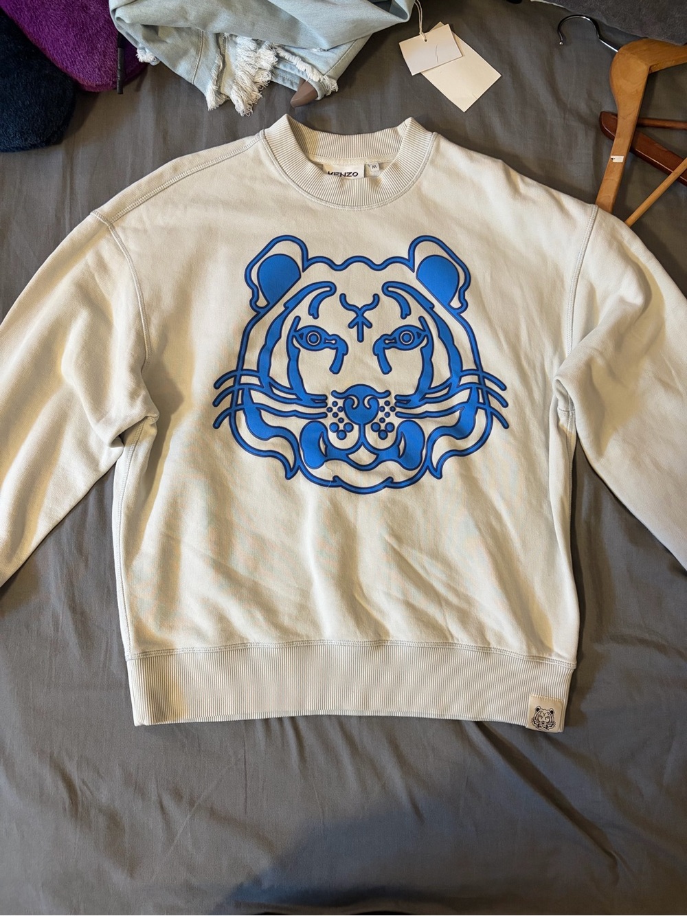 KENZO Cream Crewneck Sweatshirt with Blue Tiger Motif